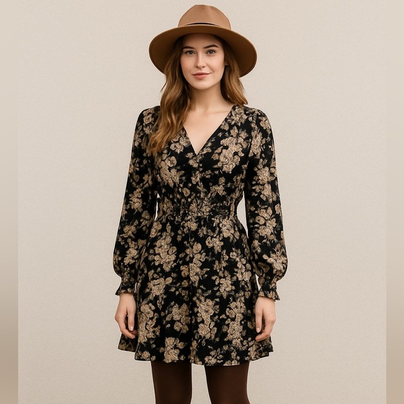 VICI Brown Floral Long Sleeve Smocked Waist Mini Dress With Ruffled Hemline XS - Picture 1 of 12